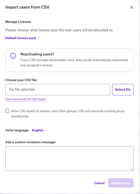 Managing users via CSV import